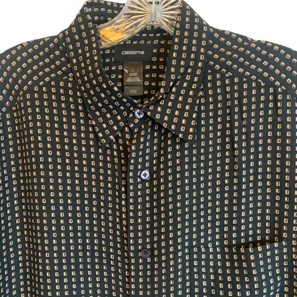 Claiborne Mens Large 100% Silk Black Geometric Short Sleeve Button Up Shirt